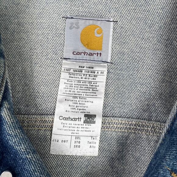 Carhartt Men Trucker Jacket Logo Patch Lined Blue Denim Distressed Size 3XL Tall - Picture 3 of 14